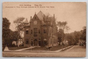 Troy PA Civic Building Artillery Cannon On Lawn Old Cars On Street Postcard J34