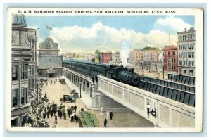 1932 B & M Railroad Station Showing New Railroad Structure Lynn MA Postcard