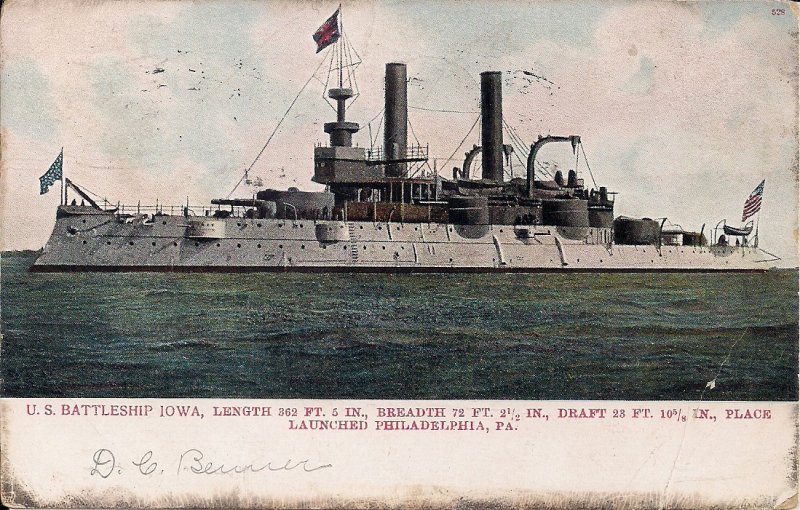 USS Iowa, Battleship B-4, Pacific Squadron, 1907 Postmark, US Navy,,S Atlantic