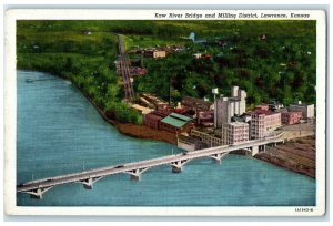 c1940 Aerial View Kae River Bridge Milling District Lawrence Kansas KS Postcard