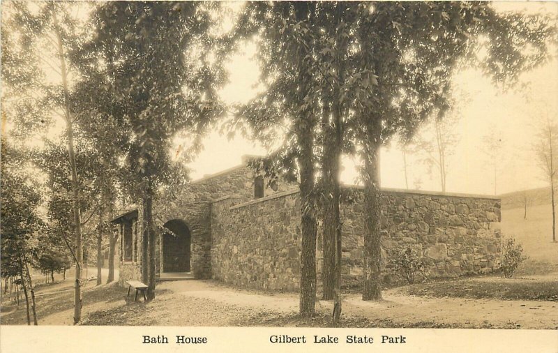 RPPC Postcard; Stone Bath House, Gilbert Lake State Park NY Otsego Co. Catskills