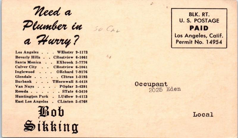 LOS ANGELES, CA California    BOB SIKKING PLUMBING AD  c1950s   Postcard