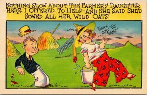 Vtg Comic Risque Humor Farmers Daughter Sowed Her Wild Oats 1930s Linen Postcard
