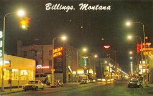 BILLINGS, MONTANA Night Street Scene Lincoln Hotel c1960s Vintage Postcard