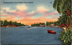 Vtg 1940s Winding Indian Creek Cigar Boats Miami Beach Florida FL Linen Postcard