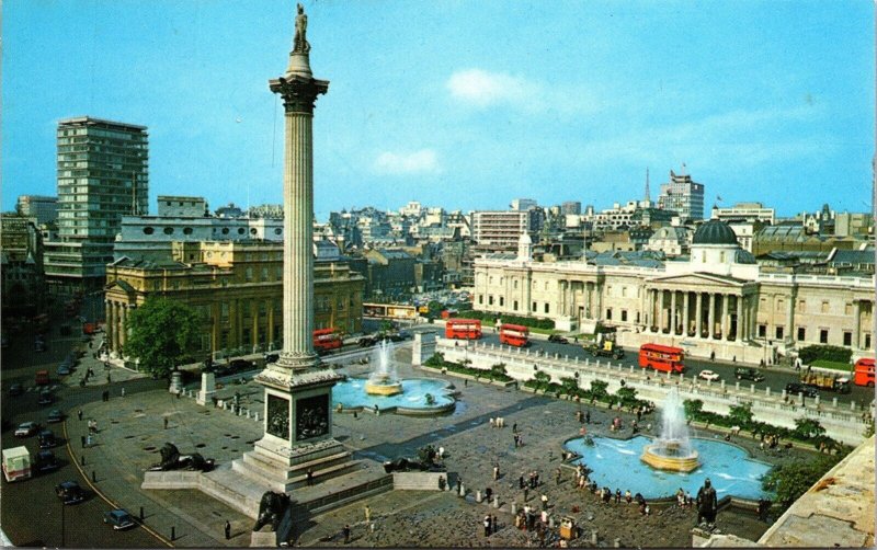 Trafaigar Square Downtown London England Birds Eye View Buses Chrome Postcard 