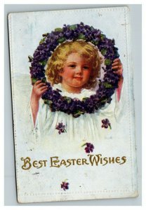 Vintage 1911 Easter Postcard Cute Blond Child Large Purple Flower Wreath