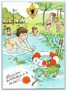 Czech Republic Postcard Boys Scouts Swimming Boy Caching Frogs c1950's Vintage