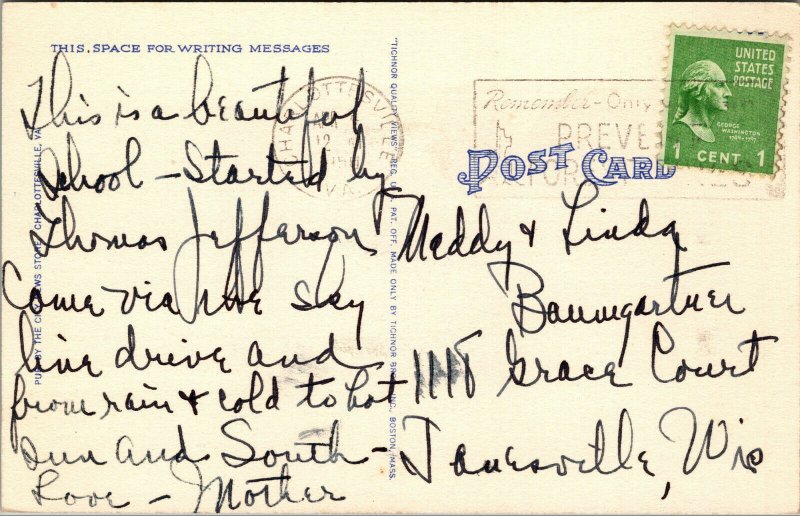 Vtg 1950s University of Virginia Madison Hall YMCA Charlottesville VA Postcard