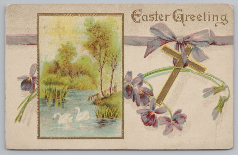 Easter~Gold Cross~Blue Flowers And Ribbon~Swans On Lake~Vintage Postcard 
