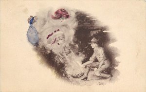 Hand-Colored Cobb Shinn Art Postcard; Lonely Man at Campfire sees Women in Smoke