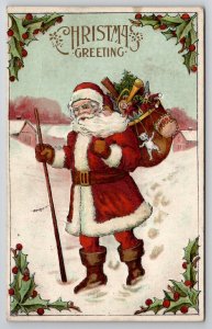 Christmas Santa Claus Tracks thru Snow with Toys Postcard J22