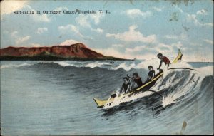 Honolulu TH Hawaii HI Surfing Outrigger Canoe Indigenous Men c1910 Postcard