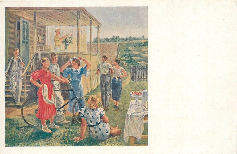 Postcard 1930s Russia Soviet Union bicycle Young factory workers 23-13508