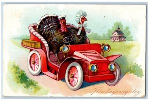 1907 Thanksgiving Day Anthropomorphic Turkey Driving Car Embossed Tucks Postcard 