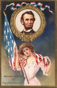 Abraham Lincoln Girl with American Flag Martyr Tragedy c1910 Vintage Postcard