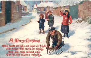 Tuck Christmas Postcard Boy On Sled Children w/ Snowballs Merry Winter Time 9963