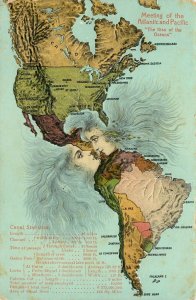 Embossed Postcard The Kiss of the Oceans at Panama Canal Map Of Americas 5881