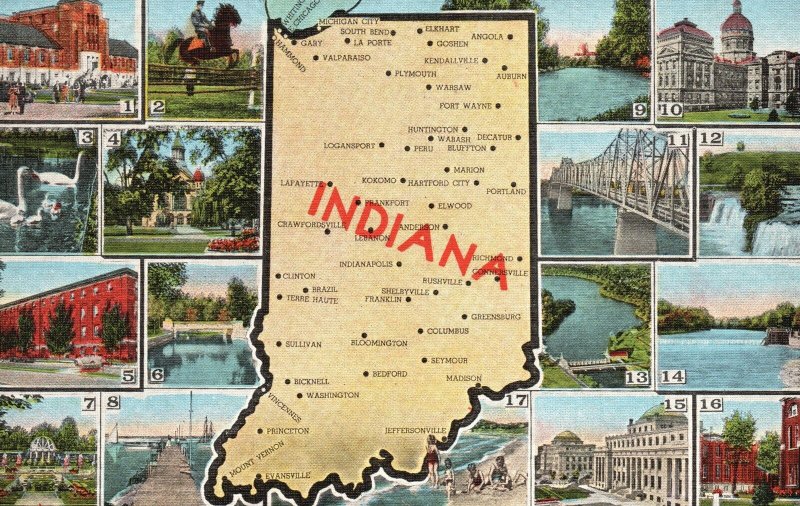 Vintage Postcard Map Of Indiana And Its Historical Landmarks & Buildings 