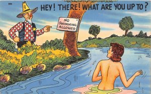 J52/ Interesting Postcard Linen Nude Skinny Dipping Sign  274