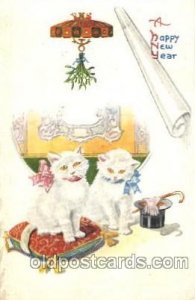 Happy New Year Cats Unused small crease right bottom corner, light yellowing ...