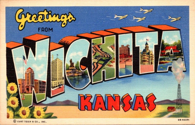 Kansas Greetings From Wichita Large Letter Linen Curteich