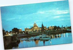 postcard Victoria BC Canada - Parliament Buildings and Inner Harbour at Twilight
