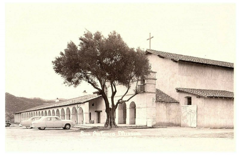 San Antonio Mission mission California RPPC Postcard Old Cars Jolon, CA