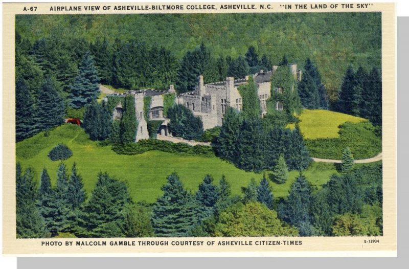 Asheville, North Carolina/NC Postcard, Aerial/Biltmore College, Near Mint!