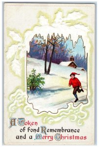 c1910's Merry Christmas Boy In Winter House Embossed Nash Antique Postcard