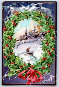 Christmas Postcard Holly Berries Wreath Winter Scene Embossed Sarles ND c1910's