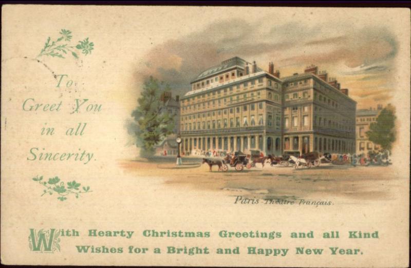 Christmas & New Year Greeting - Paris France Theatre Francais c1910 Postcard