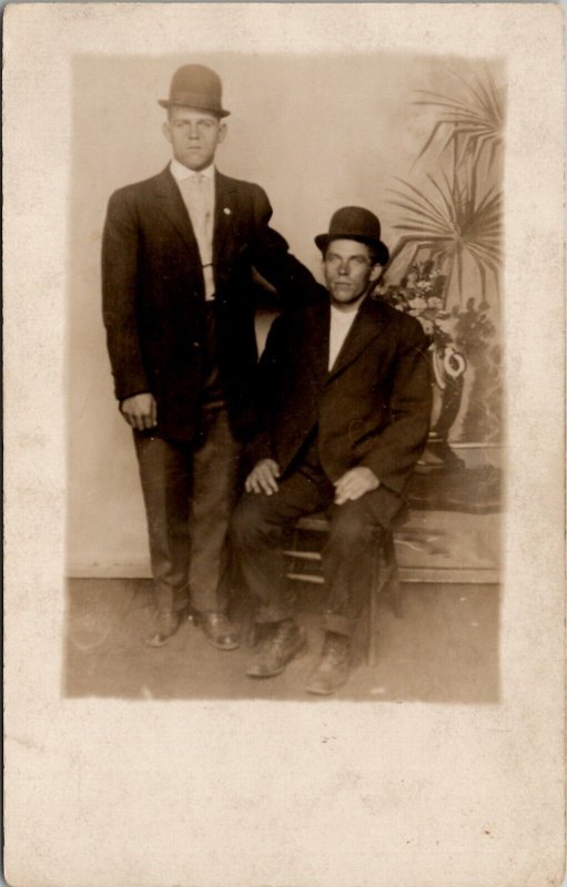 RPPC Two Ryder North Dakota Men Derby Bowler Hats c1910 Studio Postcard W13