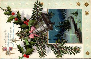 Merry Christmas Gold Bell Holly and Winter Scene 1913