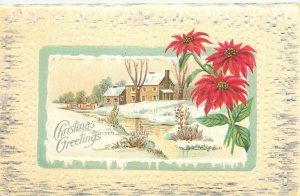 Embossed Christmas Postcard Winter Snow Scene Vignette Poinsettia 15A SB
