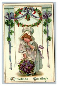 Vintage 1909 Tuck's Christmas Postcard - Cute Girl Purple Flowers Clovers