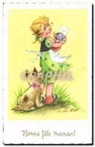 Old Postcard Fun Children dog Bonne fete Maman