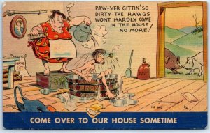 Postcard - Come Over To Our House Sometime - Man getting bathed Comic Art Print