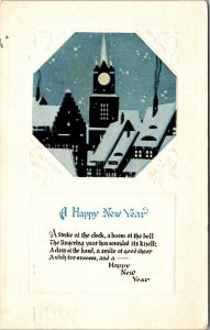 New Year Greetings Postcard Snow Covered Roof Tops and Poem~3045