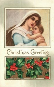 Vintage Postcard 1913 Christmas Greeting Woman with Baby and Holly Bush