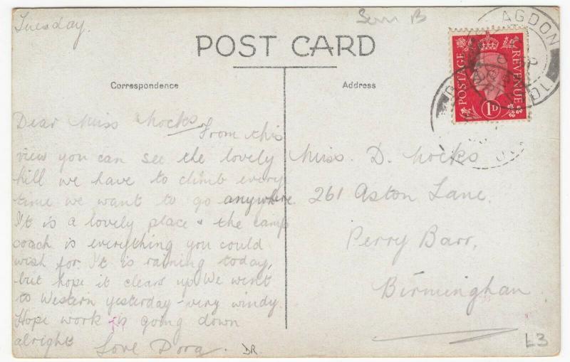 Somerset; Blagdon, View From Mendip PPC, 1938 PMK, To Miss Hicks, Perry Bar