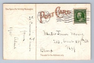 WITCH CAT BROOM MOON FACE BATS TAGGERT EMBOSSED HALLOWEEN POSTCARD 1910