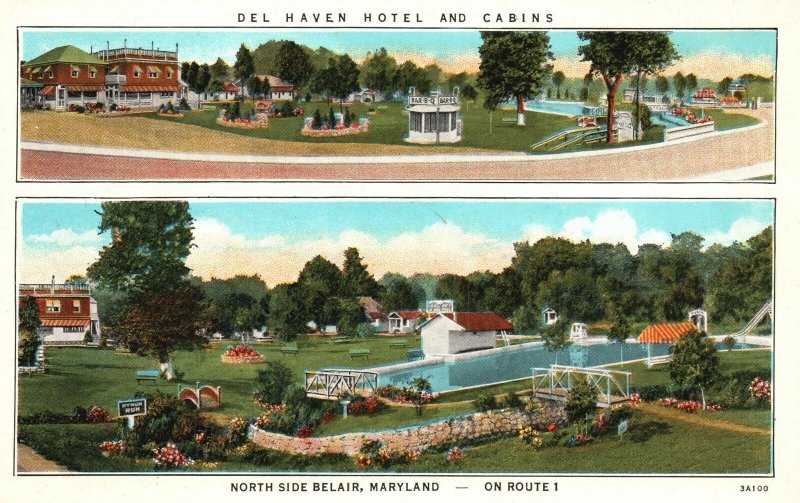 Vintage Postcard 1920's Del Haven Hotel & Cabins North Side Belair Maryland MD