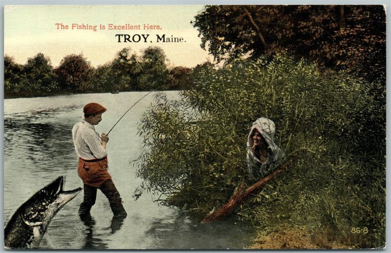 TROY MAINE FISHING EXAGGERATED ANTIQUE POSTCARD