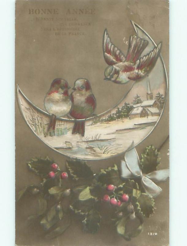 foreign Old Postcard BIRD SITTING ON CRESCENT MOON AC2860