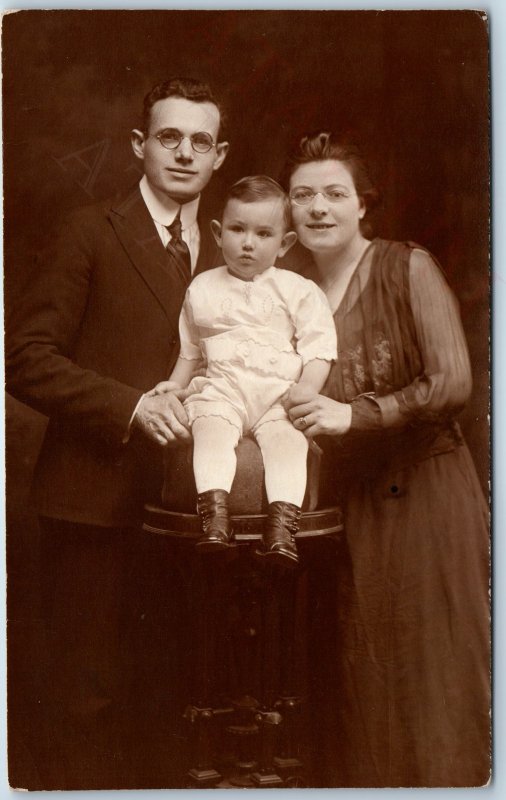 c1910s Happy Family Portrait RPPC Young Man Woman Smile Little Boy Child PC A212