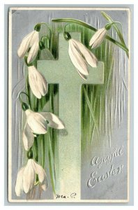 Vintage 1900's Easter Postcard Silver Face White  Floral Cross German