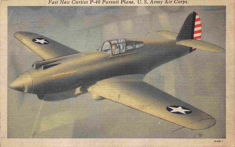 Curtiss P-40 Pursuit Fighter Plane US Army WII Military 1941 linen postcard