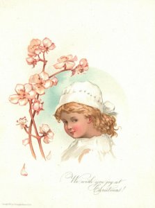 1880s-90s Young Child Dressed in White with White Hat Pink Flowers Trade Card