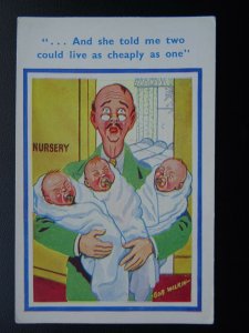 Hospital Nursery New Babies TRIPLETS & WORRIED DAD - Old Comic Postcard